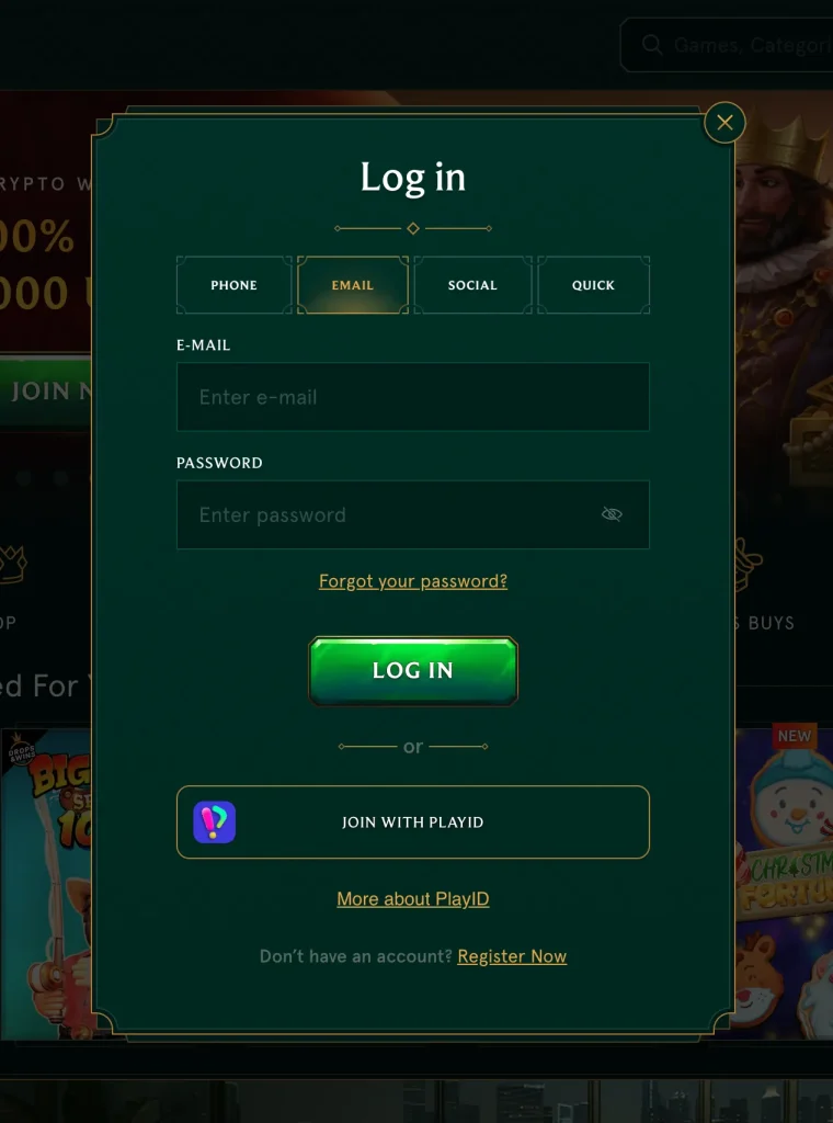 casinia login screen