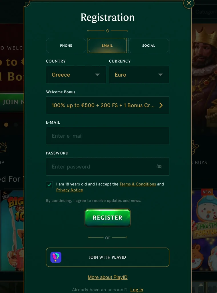 casinia registration screen