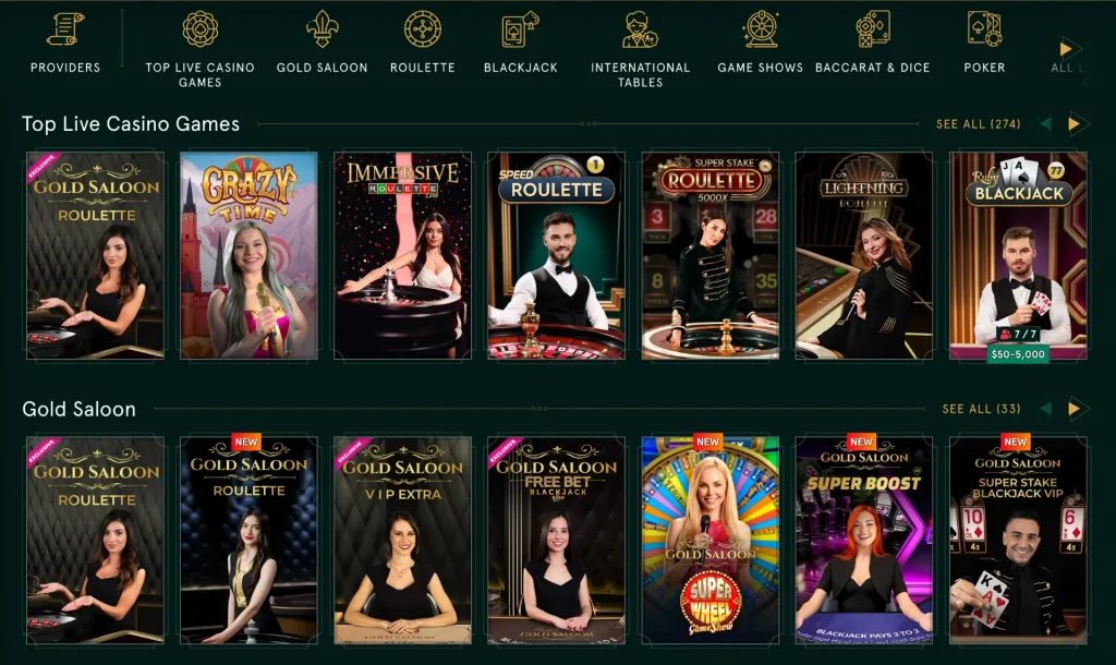 casinia top live casino games